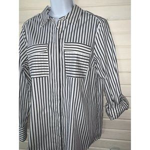 Vision 155 Sz 12 Black White Stripe Blouse Pocket Tunic Cotton Nylon Stretch EUC